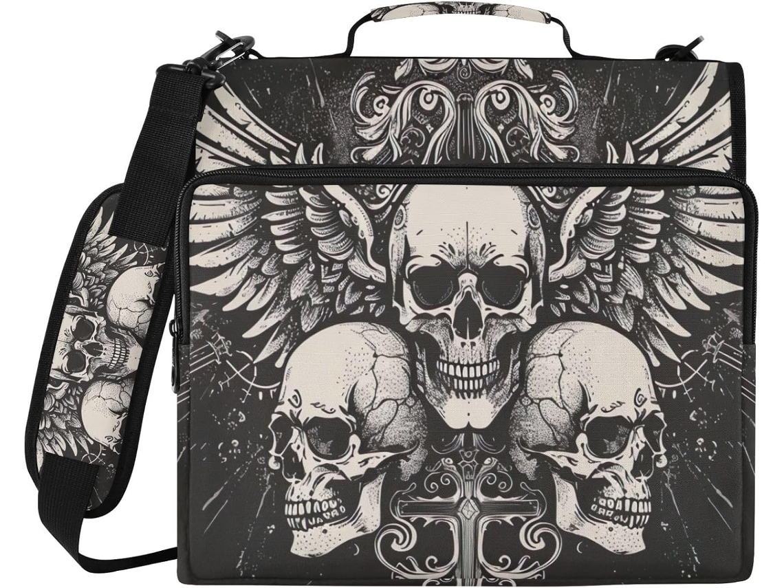 Organizador De Fichário Com Zíper E Compartimento Laptop Skulls Wings, Preto, Resistente À Água, Com 3 Argolas
