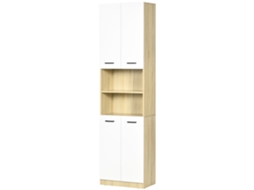 Coluna de Casa de Banho com Armário Alto 4 Portas Branco e Madeira 53x33.5x195.7 Cm com 2 Prateleiras Abertas e Ajustáveis S/MARCA