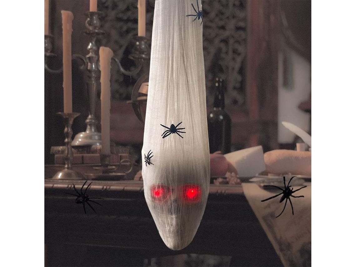 Decoração de Halloween a Led, Caveira em Casulo com Aranhas Falsas