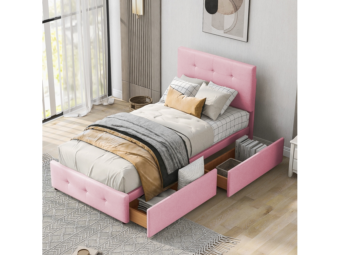Cama Polsterada 90x200cm Com Estrado,encosto E 2 Gavetas Em Veludo Beje Para Quarto Infantil,juvenil E De Convidados Mega Echo Trade Shop