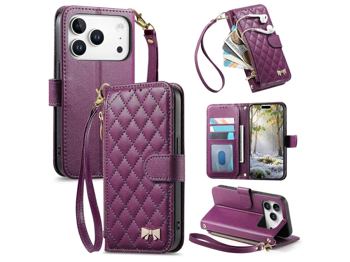 Capa Para Celular Em Couro Vegano Com Textura Rômbica, Zíper, Laço Metálico E Alça Para Iphone 17 Pro Max.