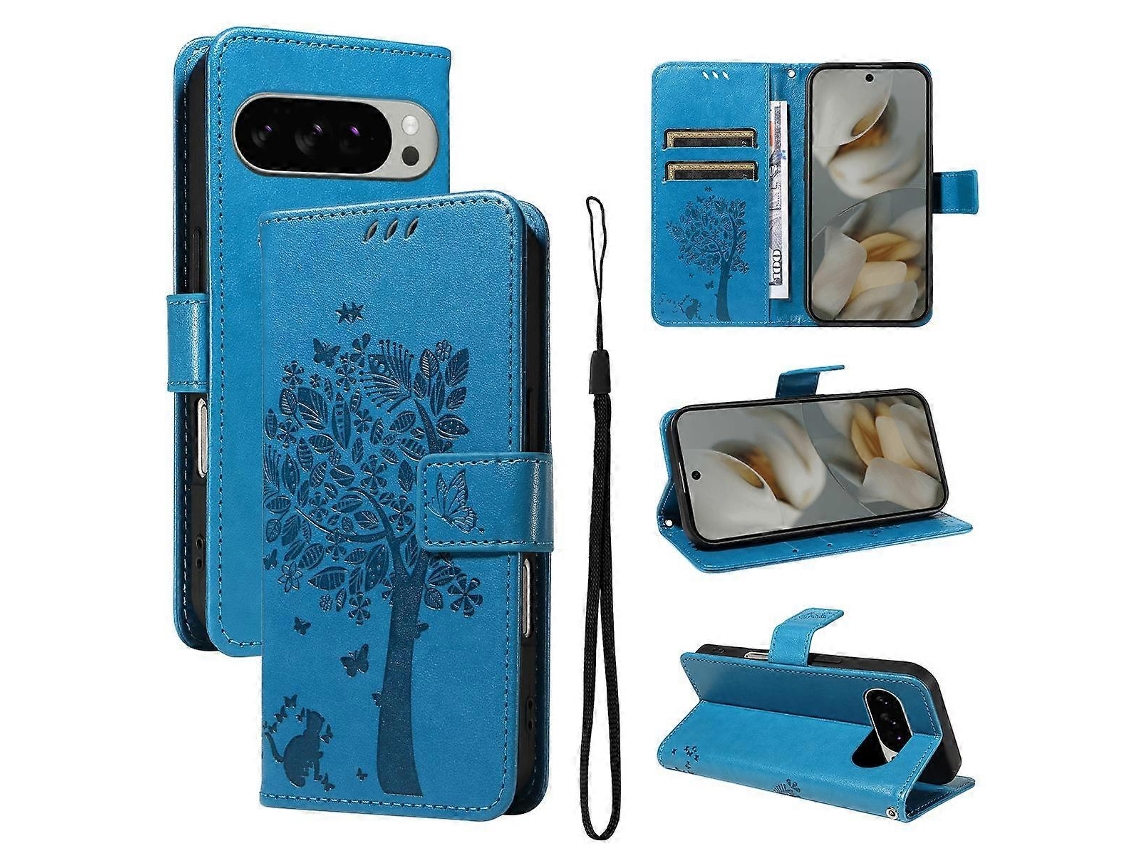 Capa De Celular De Couro Com Padrão De Árvore E Gato Em Relevo