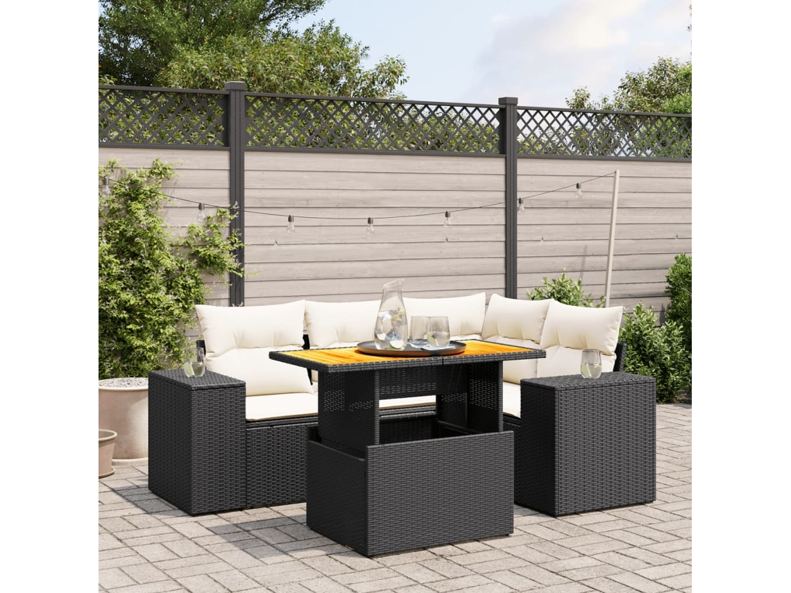 Vidaxl 5 Pcs Conjunto Sofás De Jardim Com Almofadões Vime Pe Preto