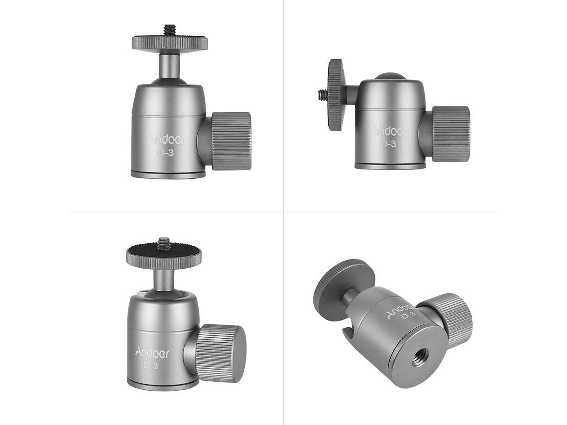 Andoer D-3 Cabeza De Bolita Para Trípode Mini Aluminio 360° Rotación 1/4" Y 3/8" Tornillo Carga Máx. 3kg Para Teléfonos Cámaras Dslr