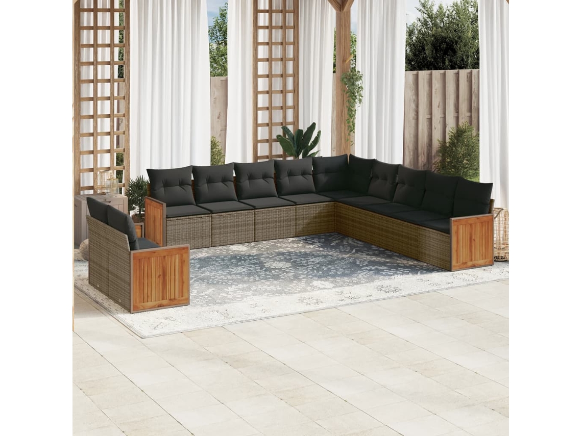 Vidaxl 11 Pcs Conjunto Sofás De Jardim C/ Almofadões Vime Pe Cinzento