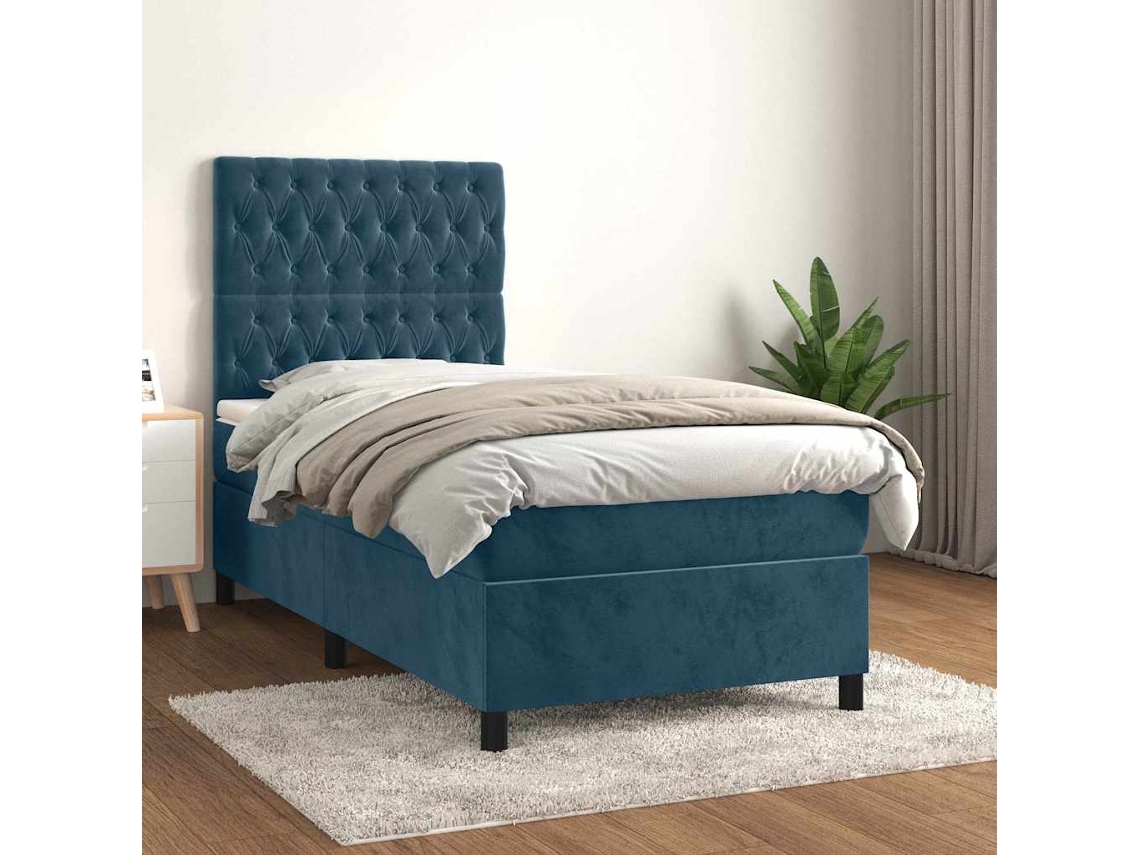 Vidaxl Cama Com Molas/colchão 100x200 Cm Veludo Azul-escuro