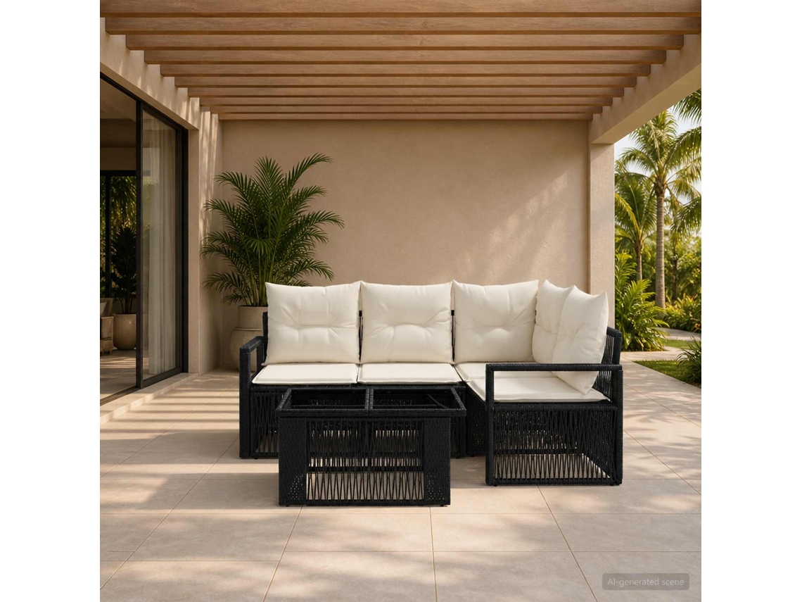 Vidaxl Conjunto De Sofá De Jardim 5 Unid. Preto E Branco Creme Vime Pe