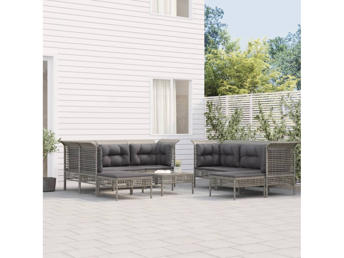 9 Pcs Conjunto Lounge De Jardim C/ Almofadões Vime Pe Cinza Dkd Home Decor
