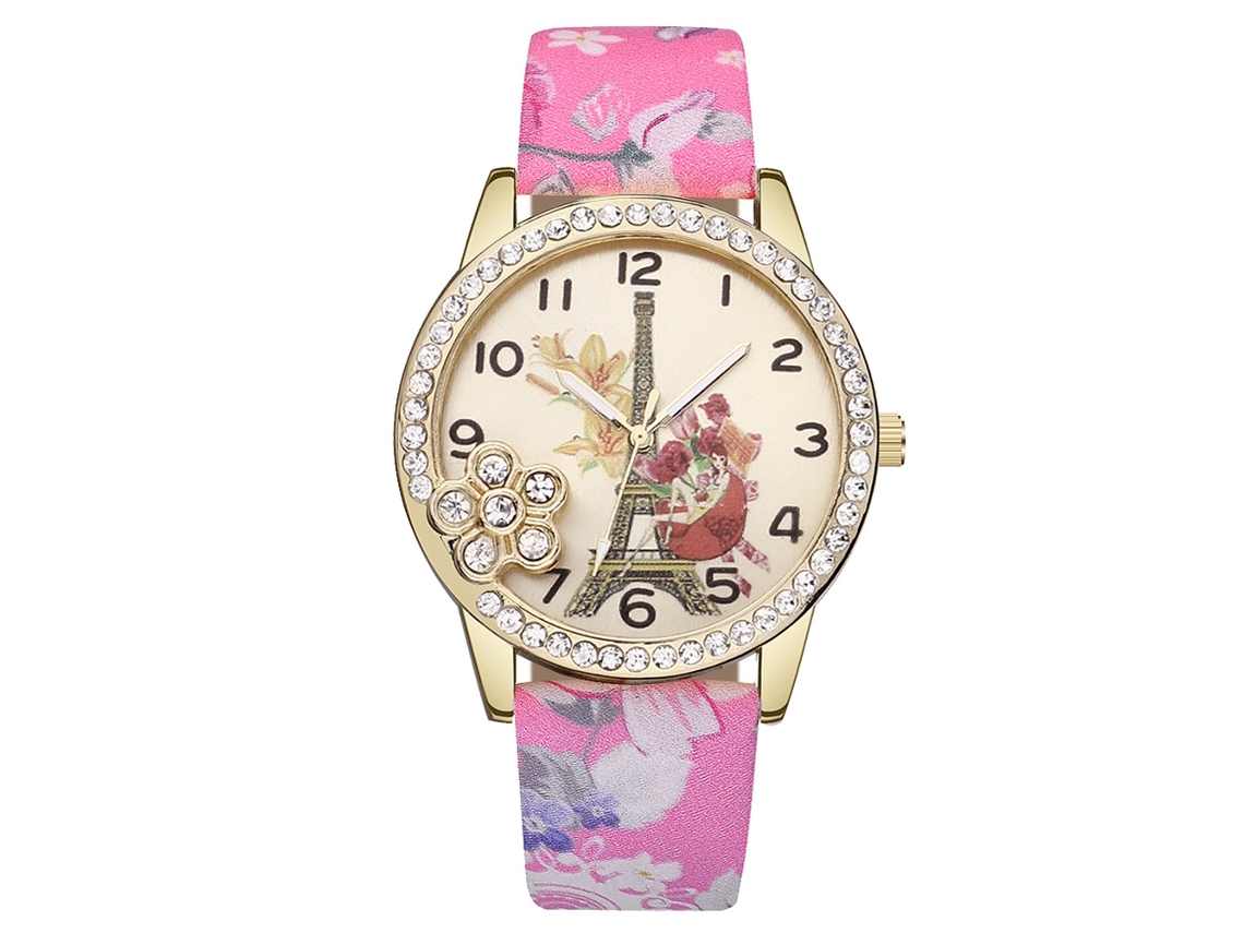Relógio de Pulso Feminino Vansvar de Quartzo com Pulseira de Couro Pu Estampa Floral e Strass Rosa