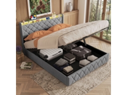 Cama Estofada 160x200 Cm Cama De Casal Com Arrumação Hidráulica Cabeceira Com Led Usb E Design Chesterfield Para Quarto Moderno Cinza