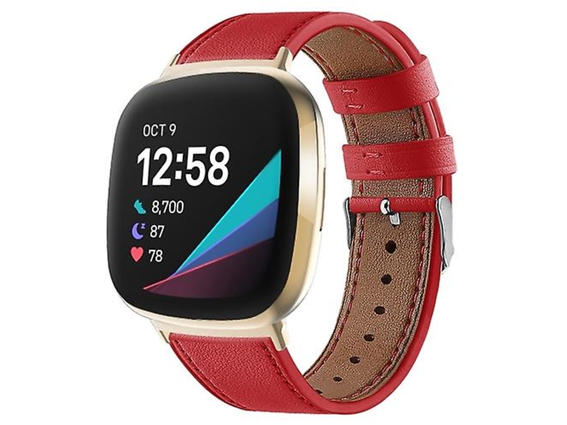 Bracelete para Fitbit Versa 4 / Sense 2 Faixa de Relógio de Couro Genuíno com Cauda Redonda Vermelha VENISYMLIS