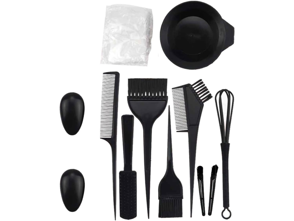 Kit de tintura de cabelo reutilizável em plástico transparente com tingidor e pincel.