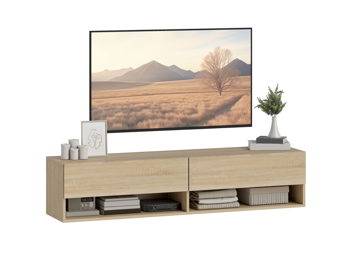 Rack de TV PRIME KANG com 2 portas, prateleira aberta, para TVs de 60 polegadas, 140x40x48 cm, branco