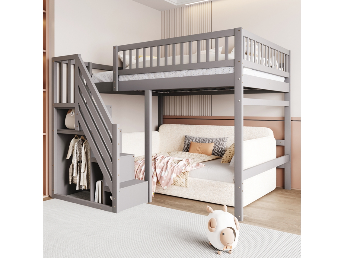 Cama Alta Em Madeira Maciça 140x200 Com Escada, Armário De Arrumação E Grade Alta, Cama Para Crianças E Jovens Cinzenta Mobrio