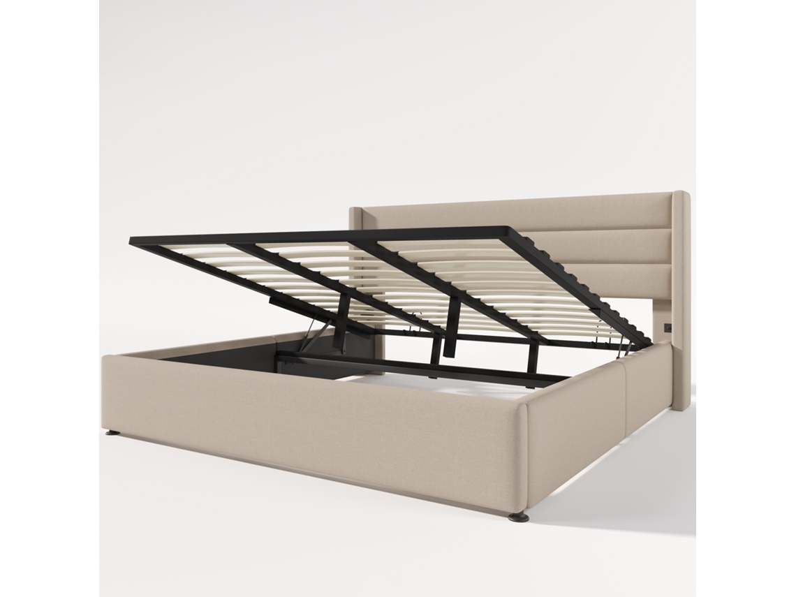 Cama de Casal Estofada PAPRIKA 180x200cm com Ripas, Base de Madeira e Metal, Linho Bege