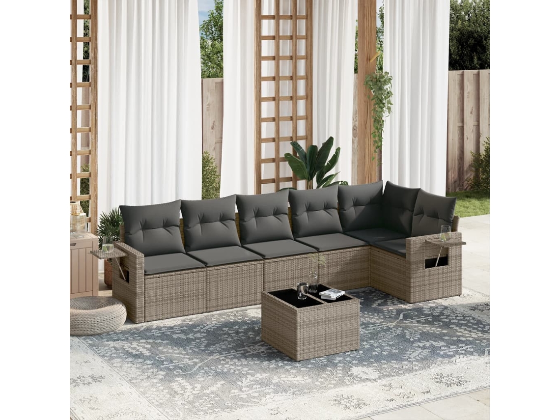 Vidaxl 7 Pcs Conjunto Sofás P/ Jardim C/ Almofadões Vime Pe Cinzento