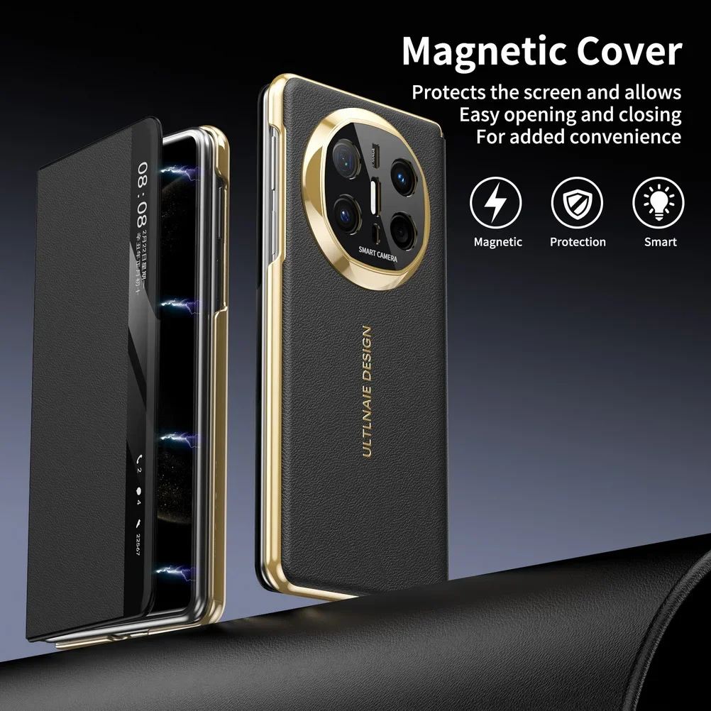 Capa De Couro Inteligente Retrô Para Celular (preta, Huawei Mate X5), Resistente A Impactos, Com Protetor De Lente Magnético Integrado.