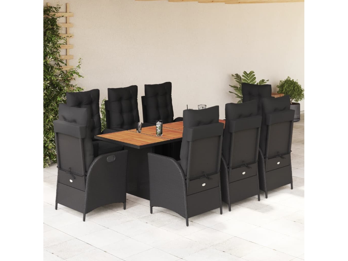 Vidaxl 9 Pcs Conjunto De Jantar P/ Jardim C/ Almofadões Vime Pe Preto