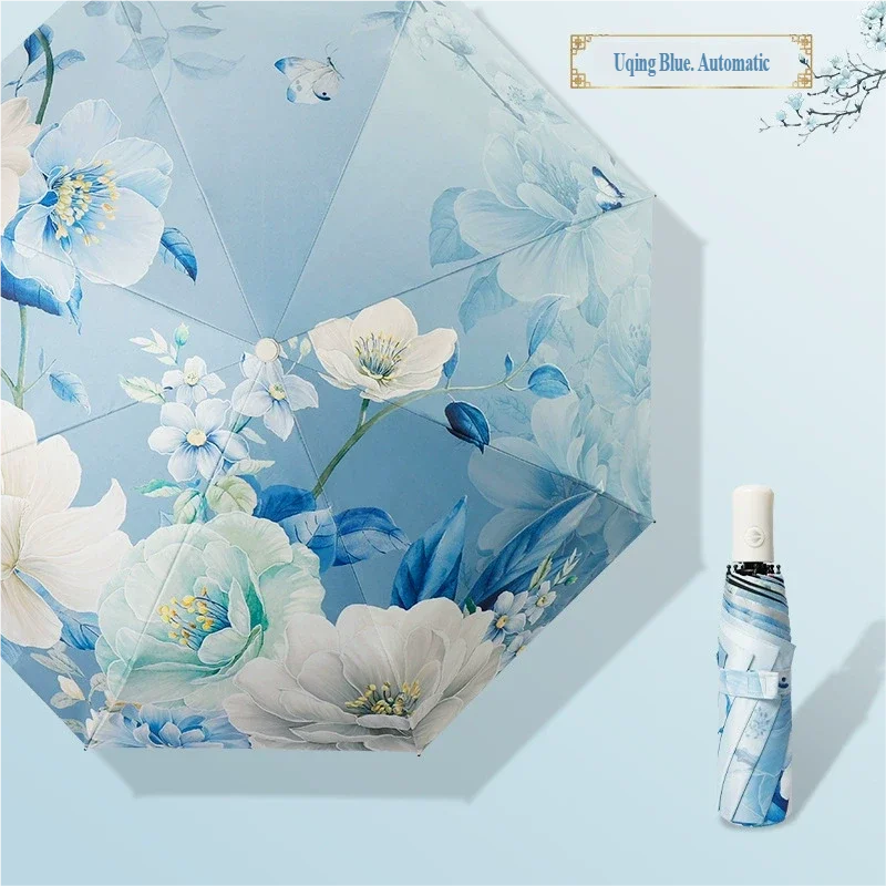 (estilo 3 8k) Guarda-chuva De Sol Com Estampa De Flores Chinesas, Guarda-chuva Dobrável De Dupla Função Com Proteção Uv