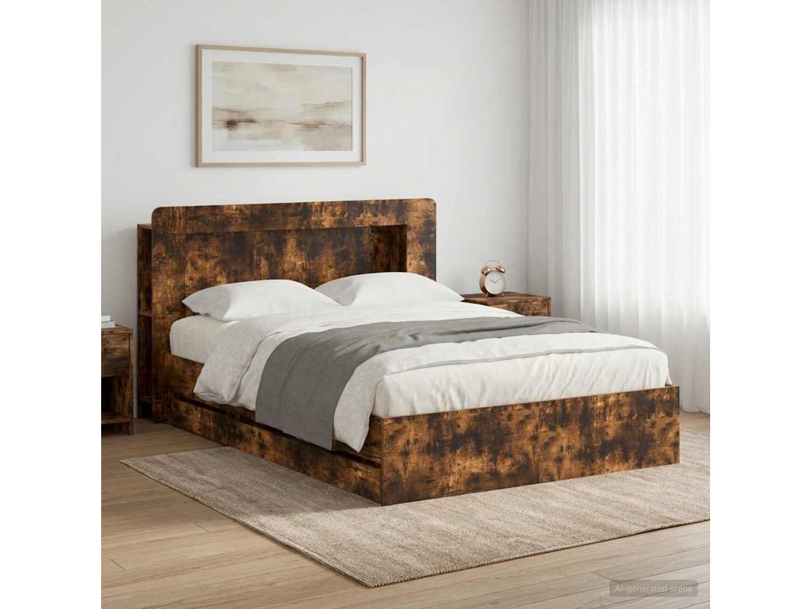 Vidaxl Estrutura De Cama Com Armazenamento E Cabeceira Carvalho Fumado