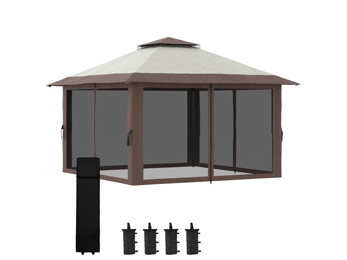 Gazebo Pop-up Com Teto Duplo Dobrável E Proteção Uv 50+, 4 Mosquiteiros Com Zíper 4x4m, Na Cor Bege