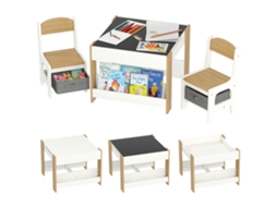 Negro E Branco E Natural Conjunto De Mesa 3 Em 1 Com Cadeiras Para Crianças, Gavetas De Tecido Para Quadro E Espaço De Armazenamento E
