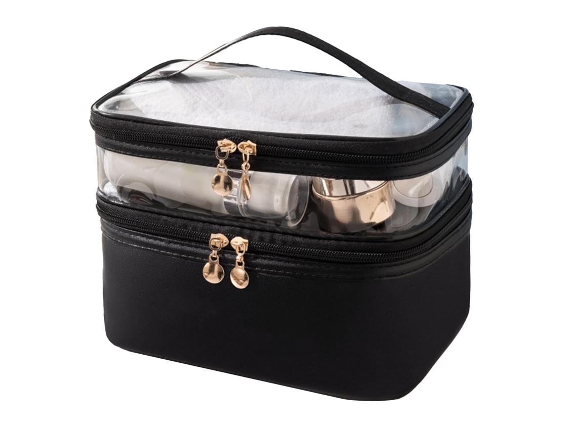 Bolsa de maquiagem de duas camadas à prova d'água com zíperes suaves para viagem mulheres preta S/MARCA