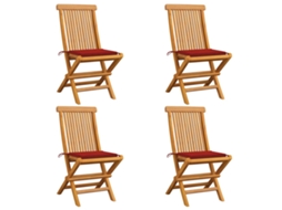 Vidaxl Cadeiras De Jardim C/ Almofadões Vermelhos 4 Pcs Teca Maciça