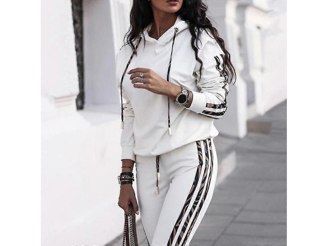 Conjunto De Moletom Para Mulheres Com Listras, 2 Peças: Blusa Com Capuz E Calça De Moletom, Tecido Misto De Algodão, Tamanhos S-xl Branco
