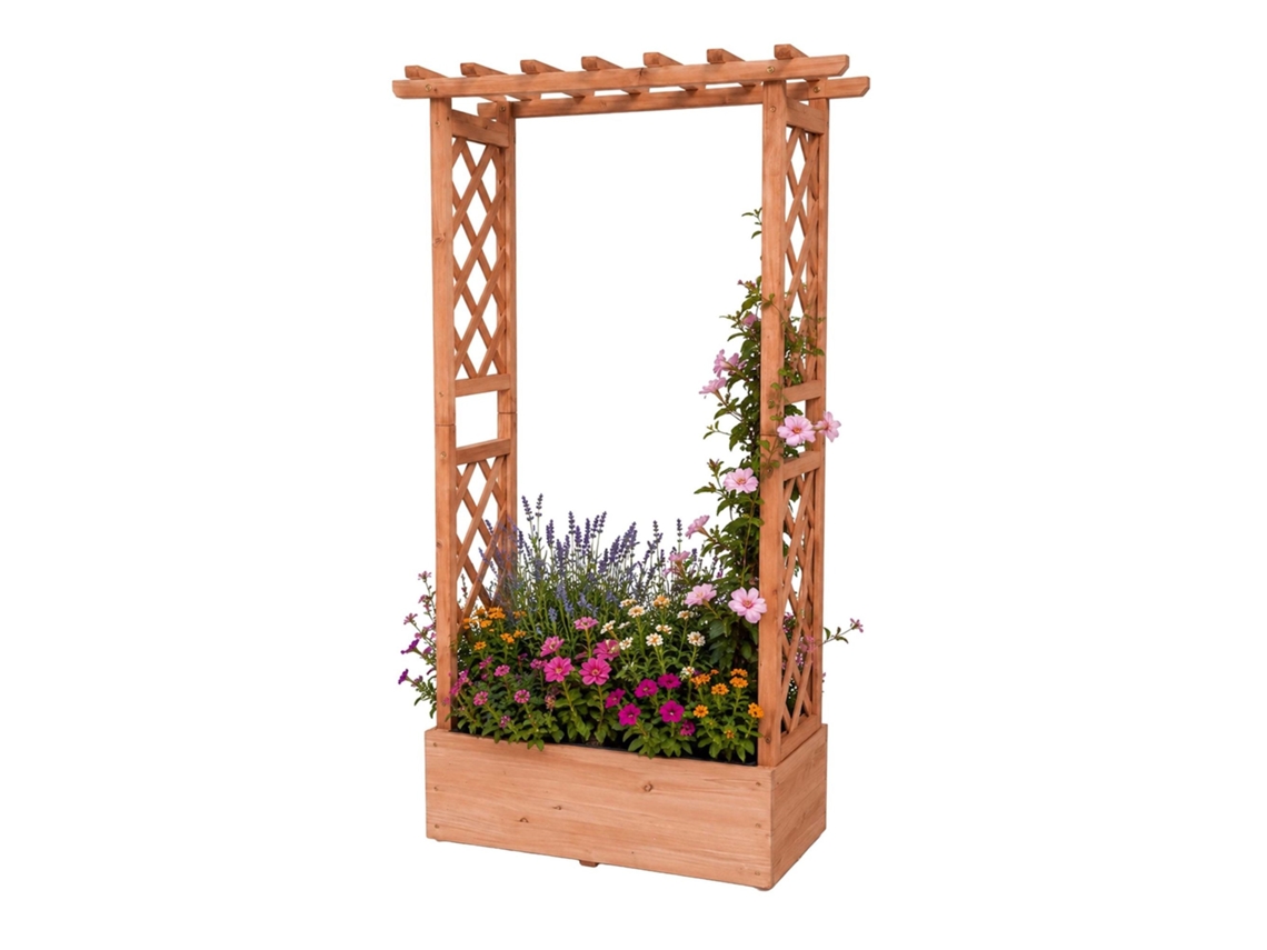 Vaso Grande De Madeira De Abeto Laranja Com Treliça E Cobertura Para Plantas Trepadeiras