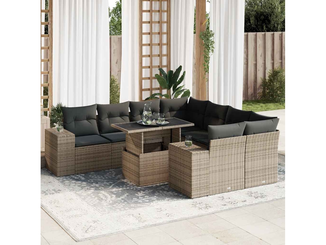 Vidaxl 9 Pcs Conjunto Sofás P/ Jardim Com Almofadões Vime Pe Cinzento