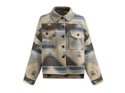 Jaqueta feminina vintage Rebe-camisa, manga longa, com botões, estampa geométrica, casual, tamanho M, azul.