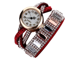 Relógio de Pulso Feminino de Quartzo com Pulseira de Couro Pu e Strass Brilhante (vermelho)
