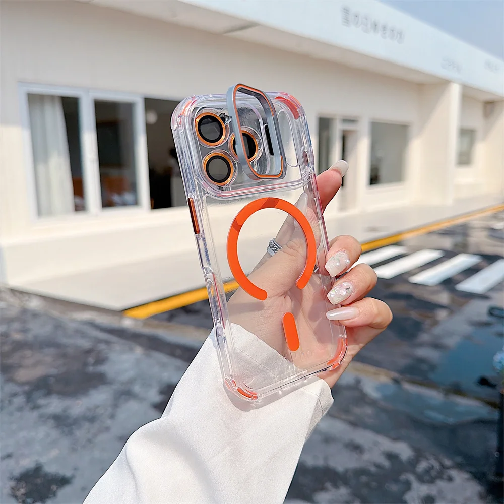 (iphone 14 Plus, Laranja) Capa Magnética Transparente Para Iphone, Capa Protetora À Prova De Choque