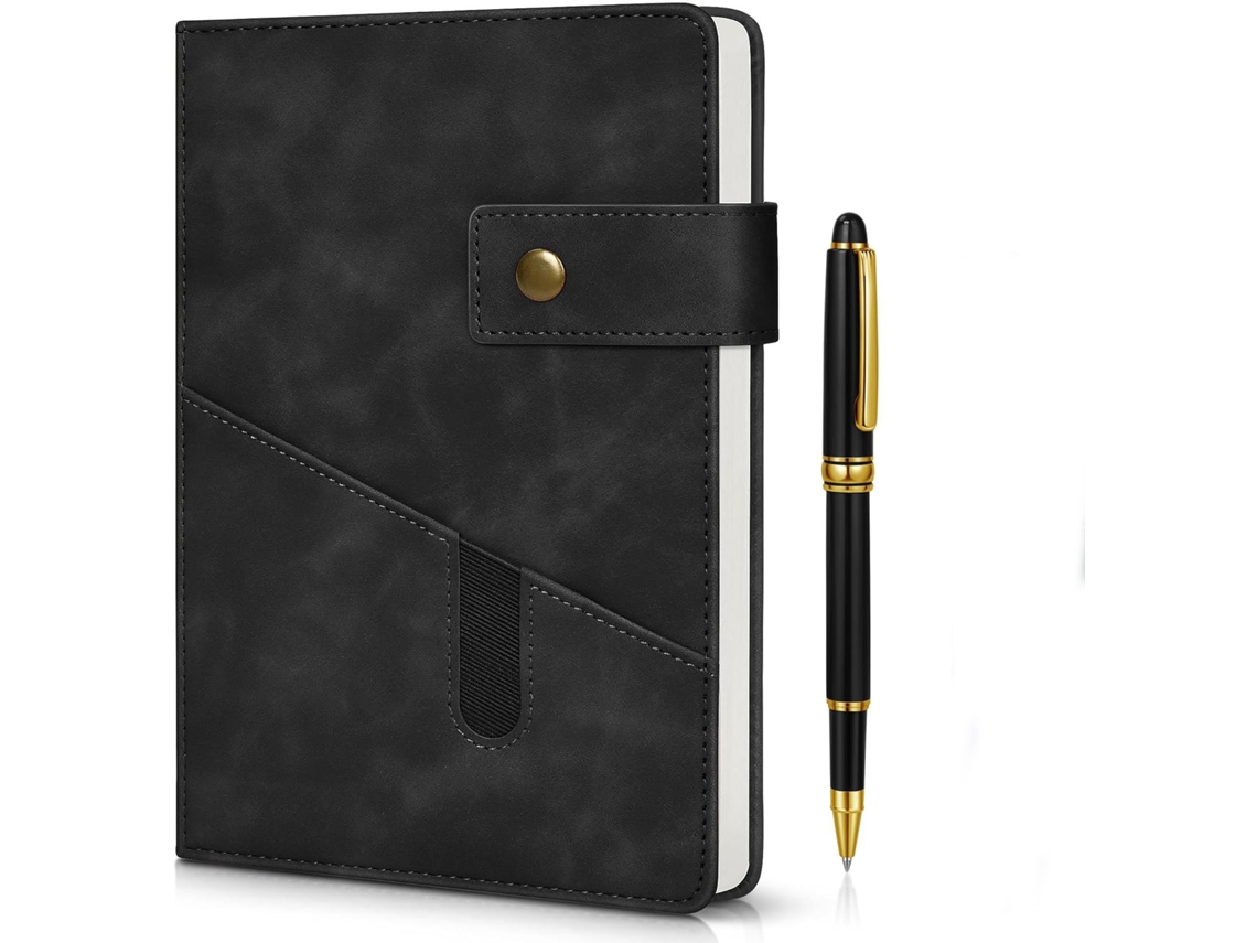 Caderno A5 Com Linhas, Capa Dura Em Couro Sintético, Com Caneta Inclusa. Ideal Para Estudantes E Uso No Escritório. Cor: Preto. Dimensões: 15 X 21 Cm