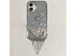 Capa Protetora Para Iphone 16 Com Glitter Galvanizado E Borla Em Formato De Coração Epóxi