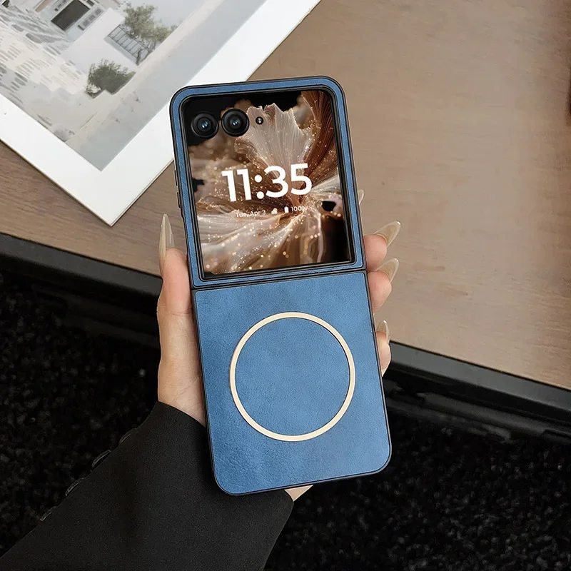 (azul, Motorola Razr 2024) Capa De Couro Retrô Dobrável Para Tela, Capa Protetora Para Carregamento Sem Fio Magnético