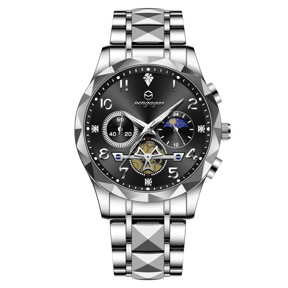 Relógio Militar Elegante (prateado E Preto), À Prova D'água, Com Cronógrafo E Data Luminosos.