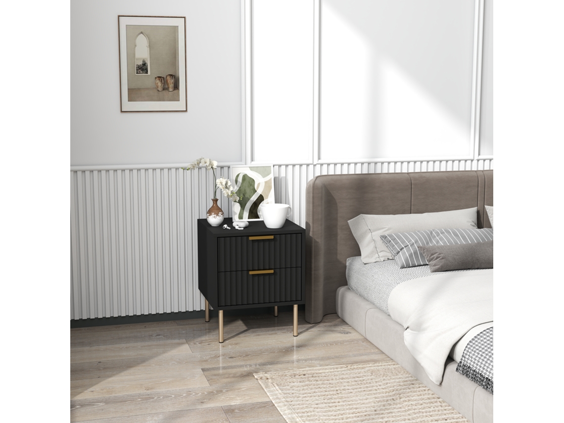 Mesinha De Cabeceira, Mesa Noite Canelada Com 2 Gavetas E Pés Aço, Para Quarto, Sala, Preto
