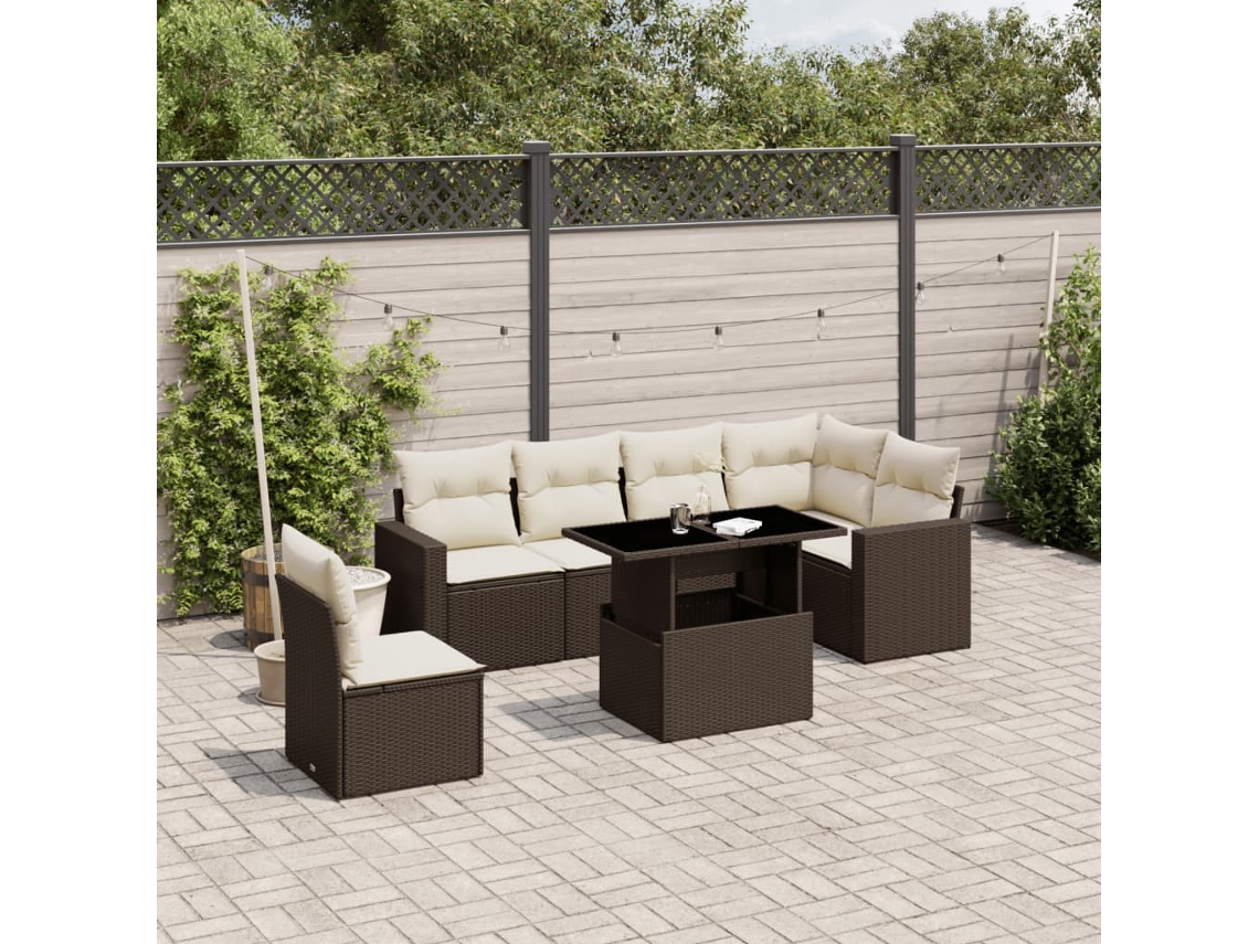 Vidaxl 7 Pcs Conjunto De Sofás Jardim C/ Almofadões Vime Pe Castanho