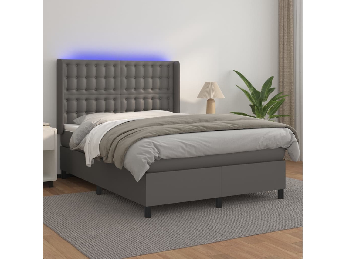 Cama Box Spring C/ Colchão/led 140x200cm Couro Artificial Cinza
