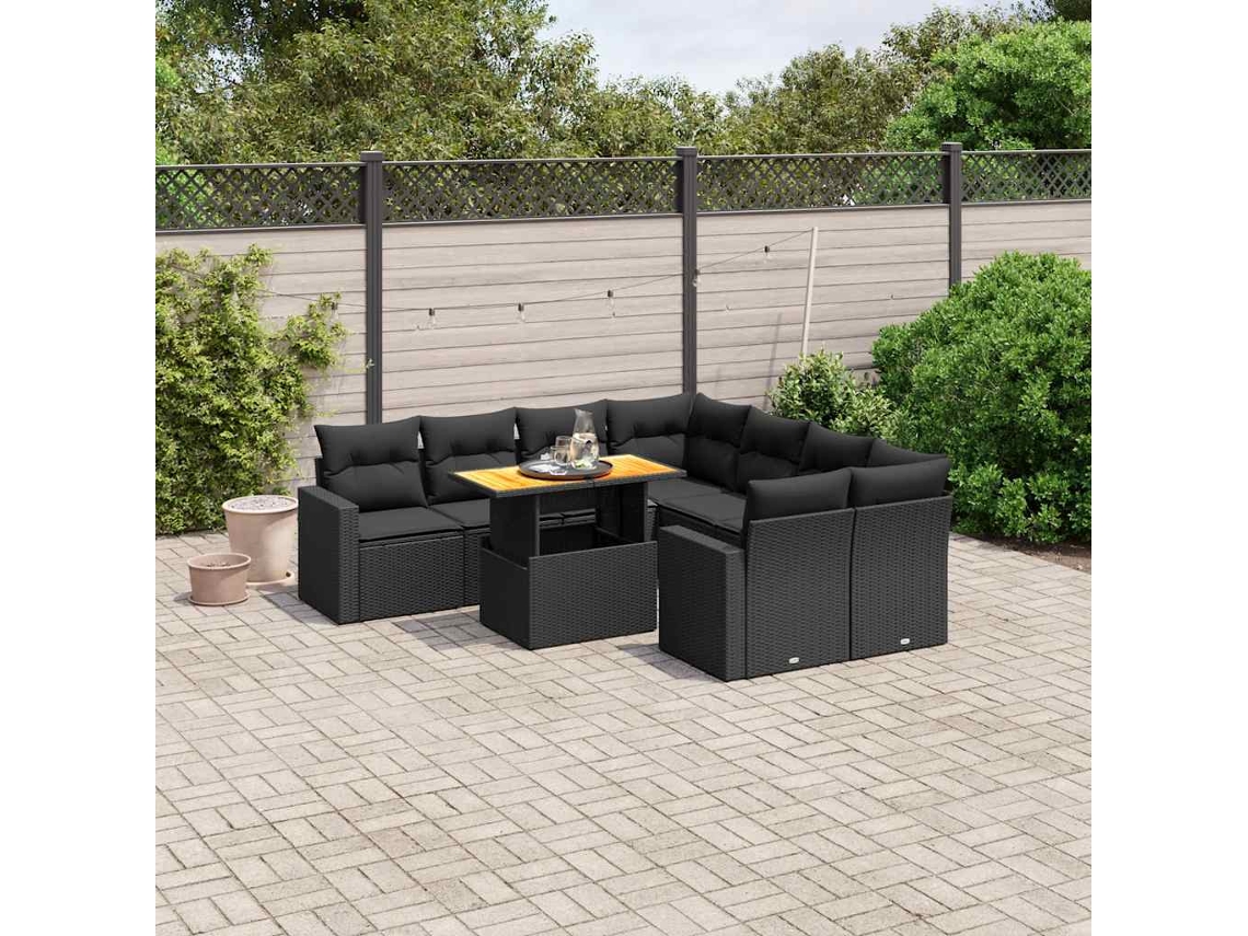 Vidaxl 9 Pcs Conjunto De Sofás P/ Jardim C/ Almofadões Vime Pe Preto