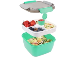 Bento Box 1500ml com 3 Compartimentos, Bowl de Salada, Potinho para Molho e Colher Reutilizável