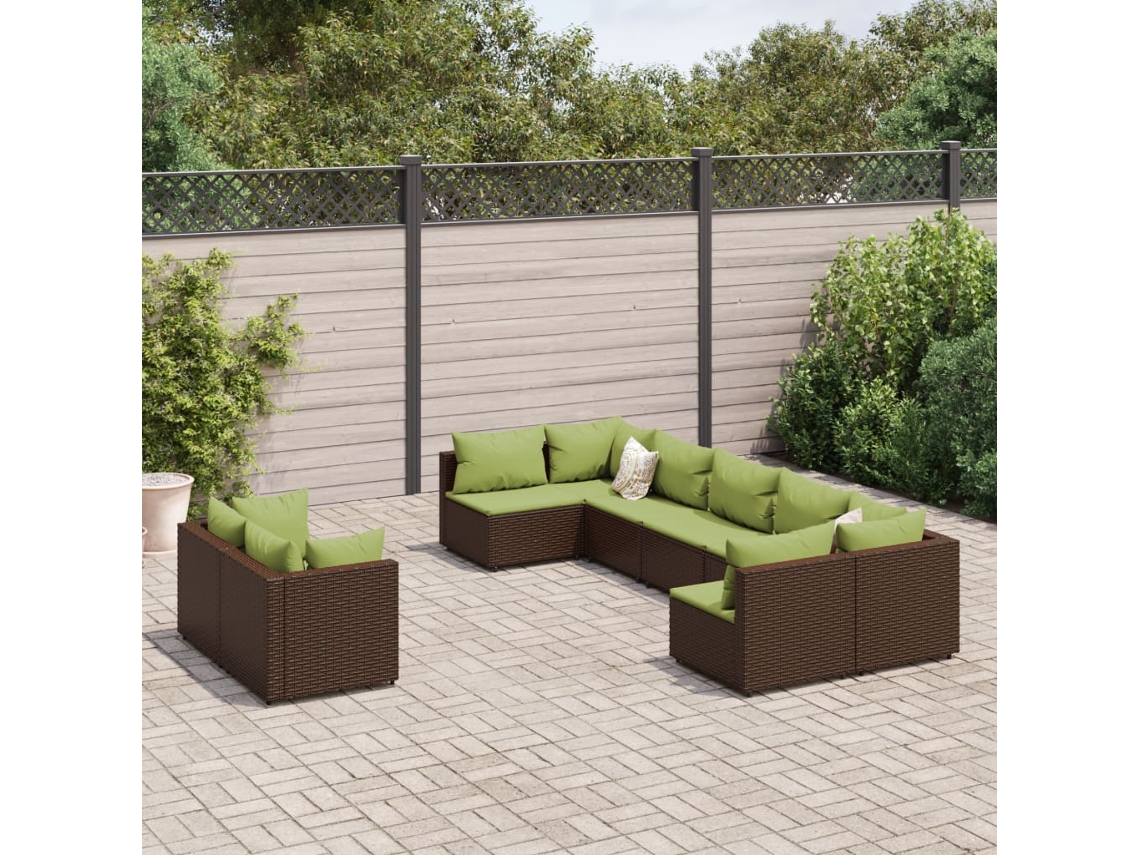 Vidaxl 9 Pcs Conjunto Sofás P/ Jardim C/ Almofadões Vime Pe Castanho