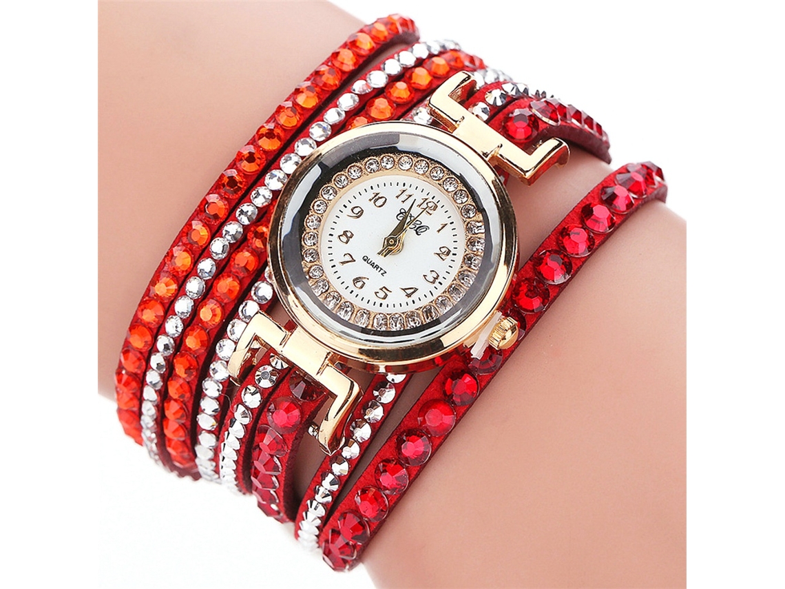 Relógio Pulseira Feminino de Liga com Quartzo e Strass Multicamadas Cor Vermelha