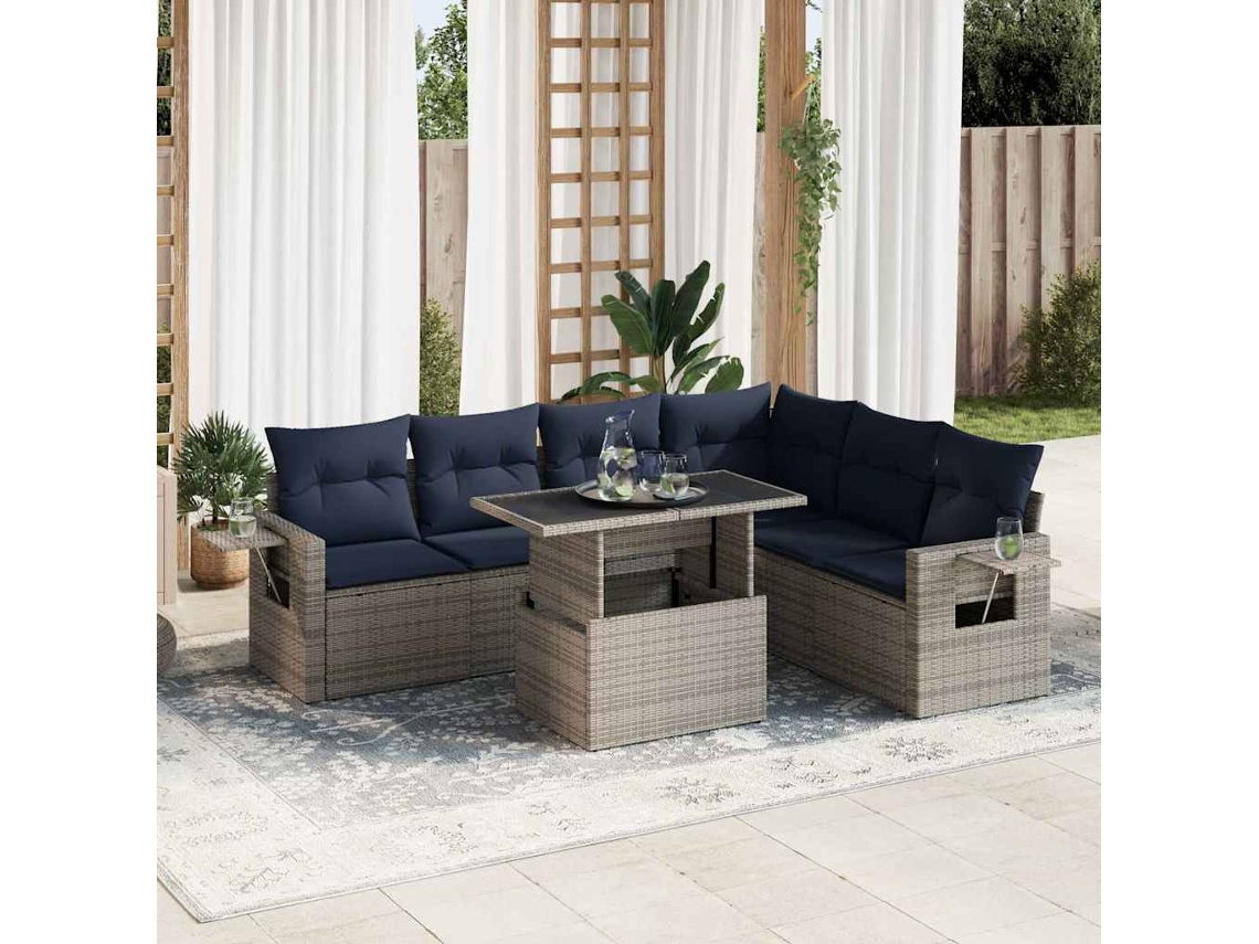 Vidaxl 7 Pcs Conjunto Sofás Jardim C/ Almofadões Vime Pe Cinzento