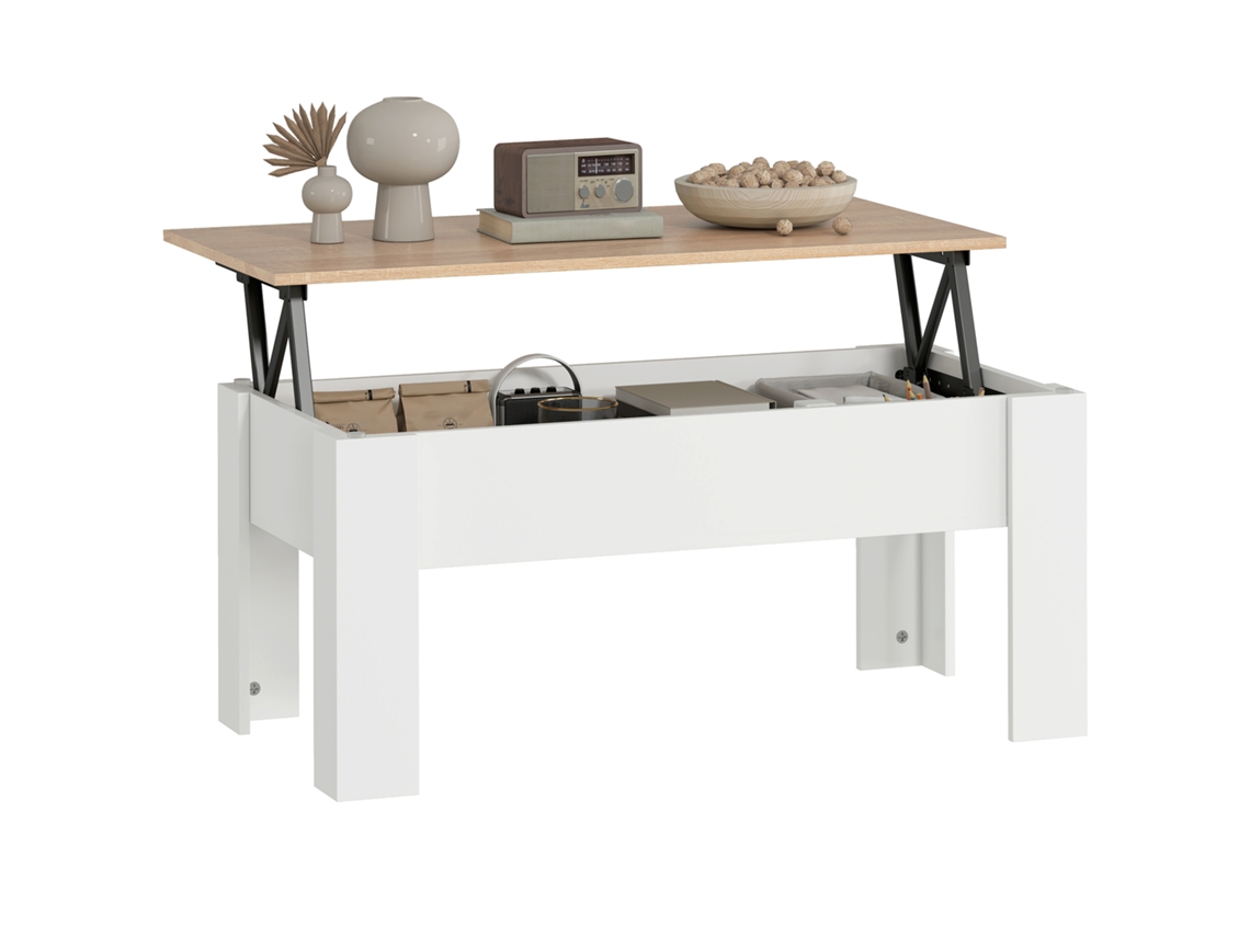 Mesa de Centro com Bancada Elevatória, Compartimento Aberto e Oculto, 100x50x45 Cm, Branco e Madeira ORBITRA COMMERCE