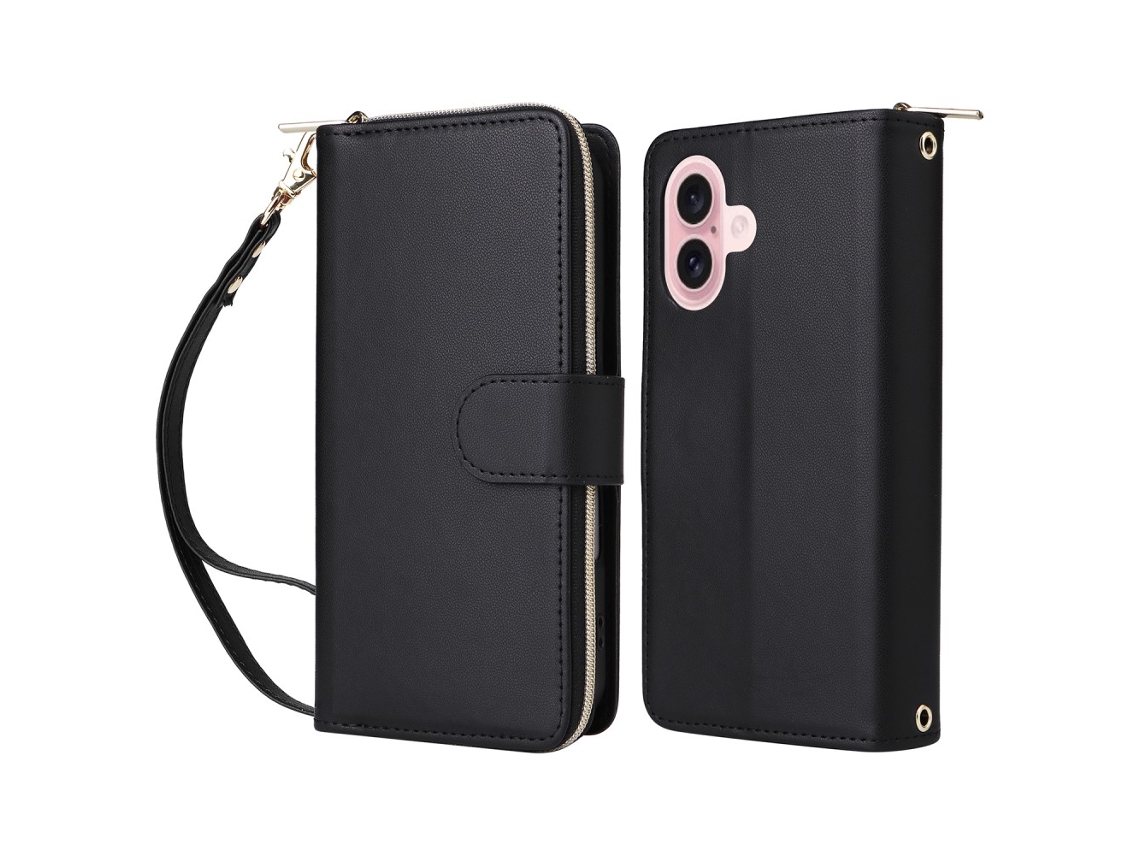 Capa Em Couro Pu Com Pega, Para Apple Iphone 16 - Preto