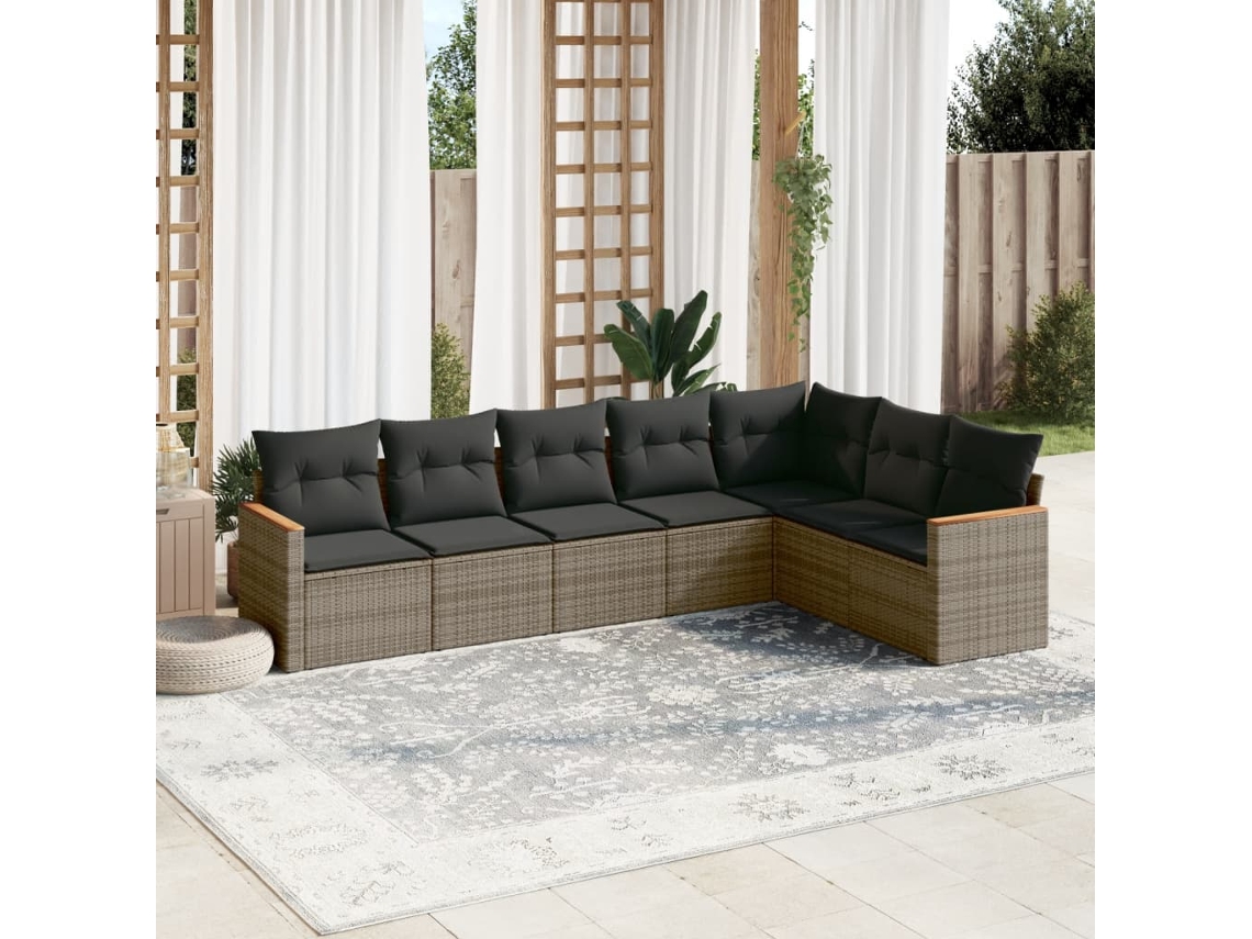 Vidaxl 7 Pcs Conjunto Sofás P/ Jardim C/ Almofadões Vime Pe Cinzento