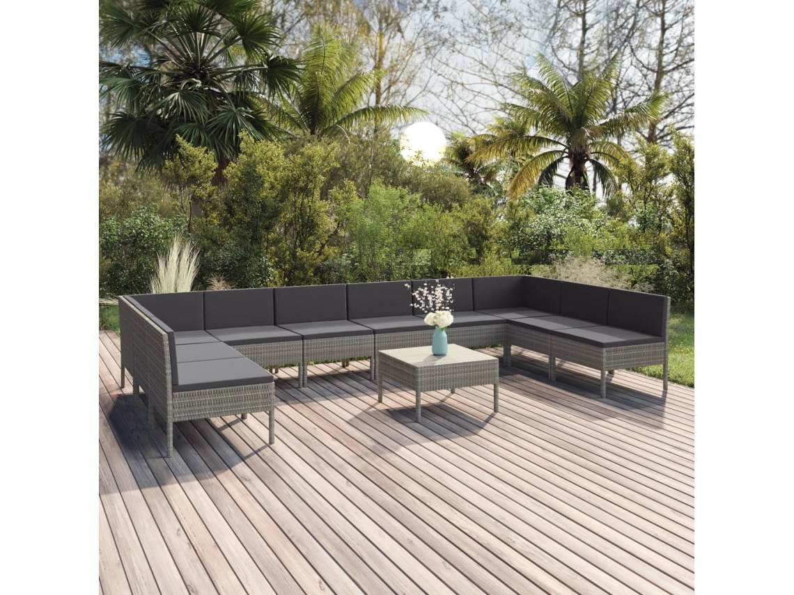 11 Pcs Conjunto Lounge De Jardim C/ Almofadões Vime Pe Cinza Dkd Home Decor